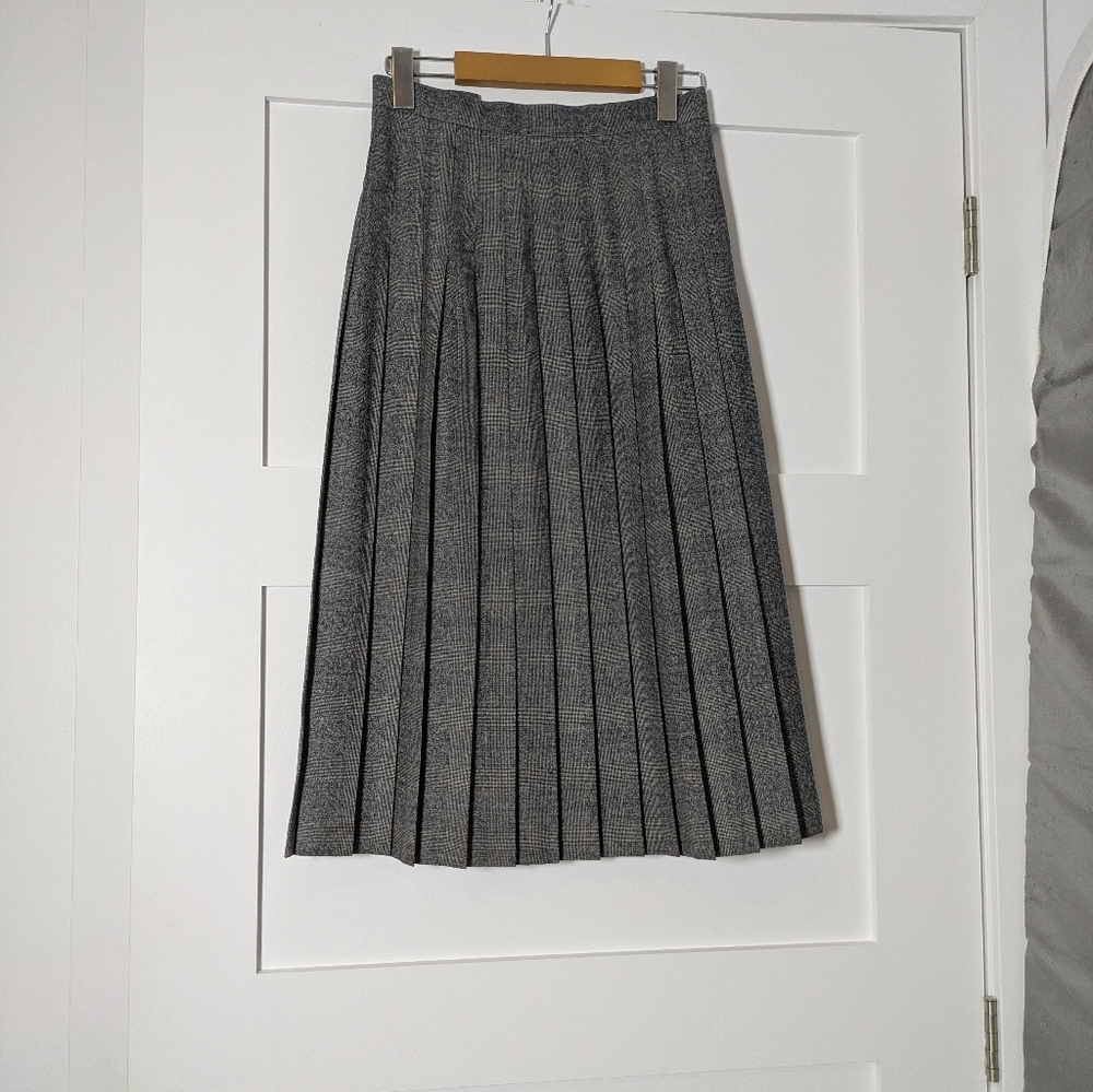 055_Vintage Tricot 80's wool grey and blue plaid skirt